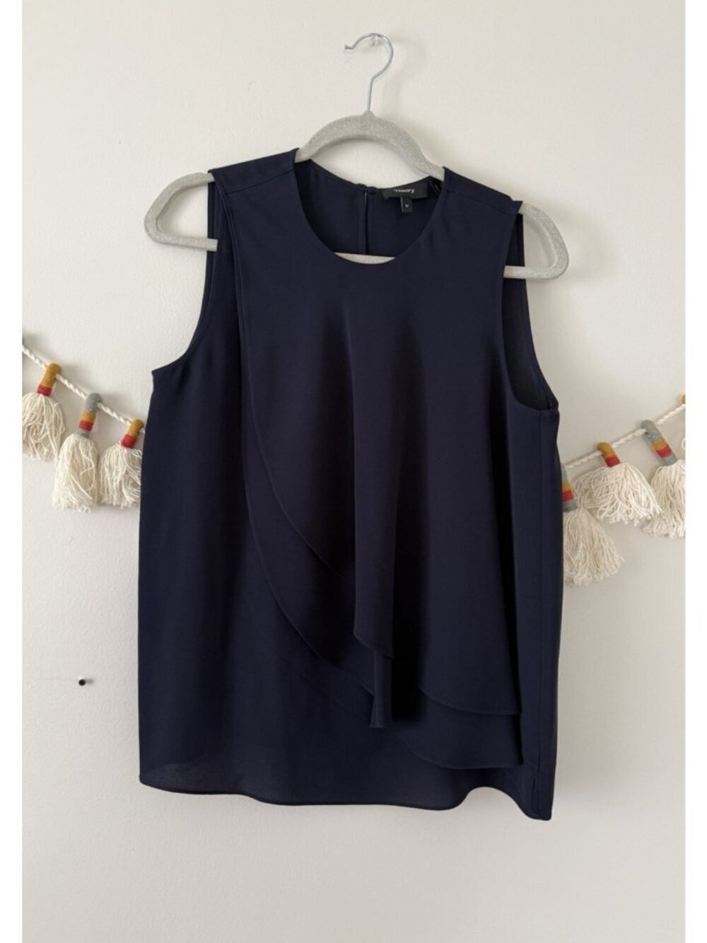Theory Silk Georgette Elmali Overlap Sleeveless Top Navy Modest Career Wear M